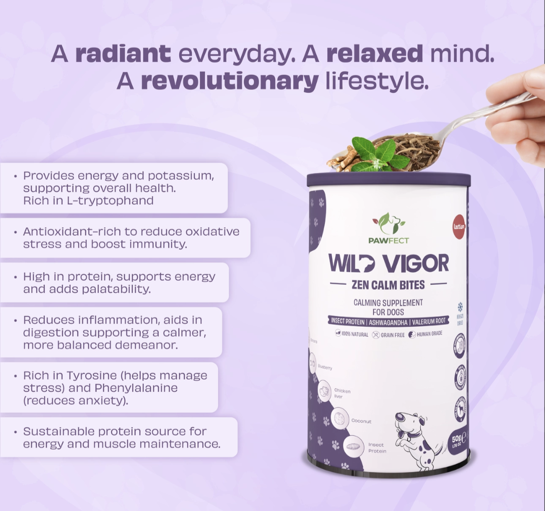 Pawfect Wild Vigor Zen Calm Bites | Calming Supplement For Dogs | All Natural | Grain Free | Enriched with Insect Protein, Chamomile, Valerian Root, Ashwagandha & Choline (70g/2.46oz)