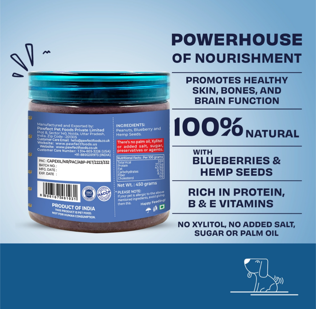 Pawfect Peanut Butter with Blueberries & Hempseeds For Dogs & Puppies | 100% Natural | No Added Sugar, Salt, Palm Oil | No Sweeteners, No Xylitol | Healthy Dog Treat