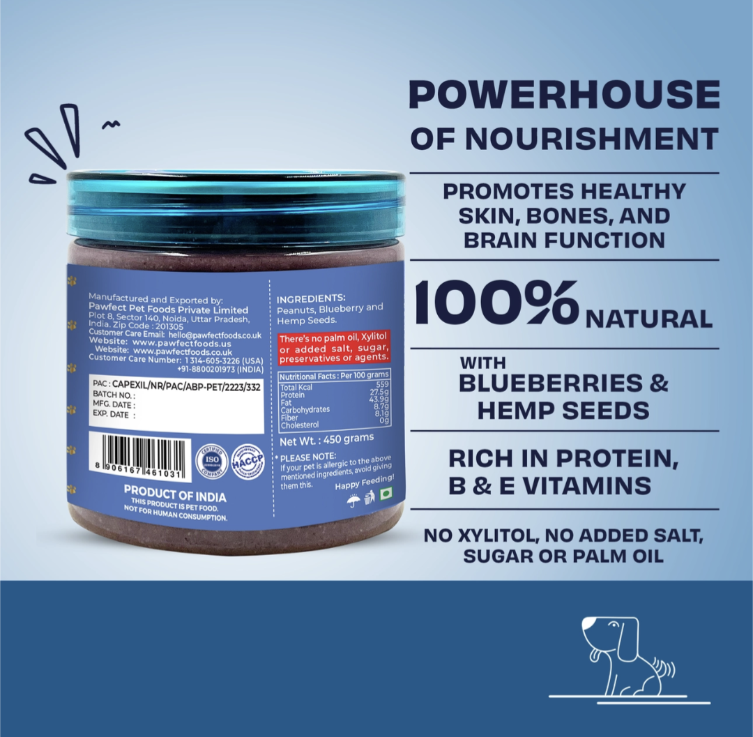 Pawfect Peanut Butter with Blueberries & Hempseeds For Dogs & Puppies | 100% Natural | No Added Sugar, Salt, Palm Oil | No Sweeteners, No Xylitol | Healthy Dog Treat