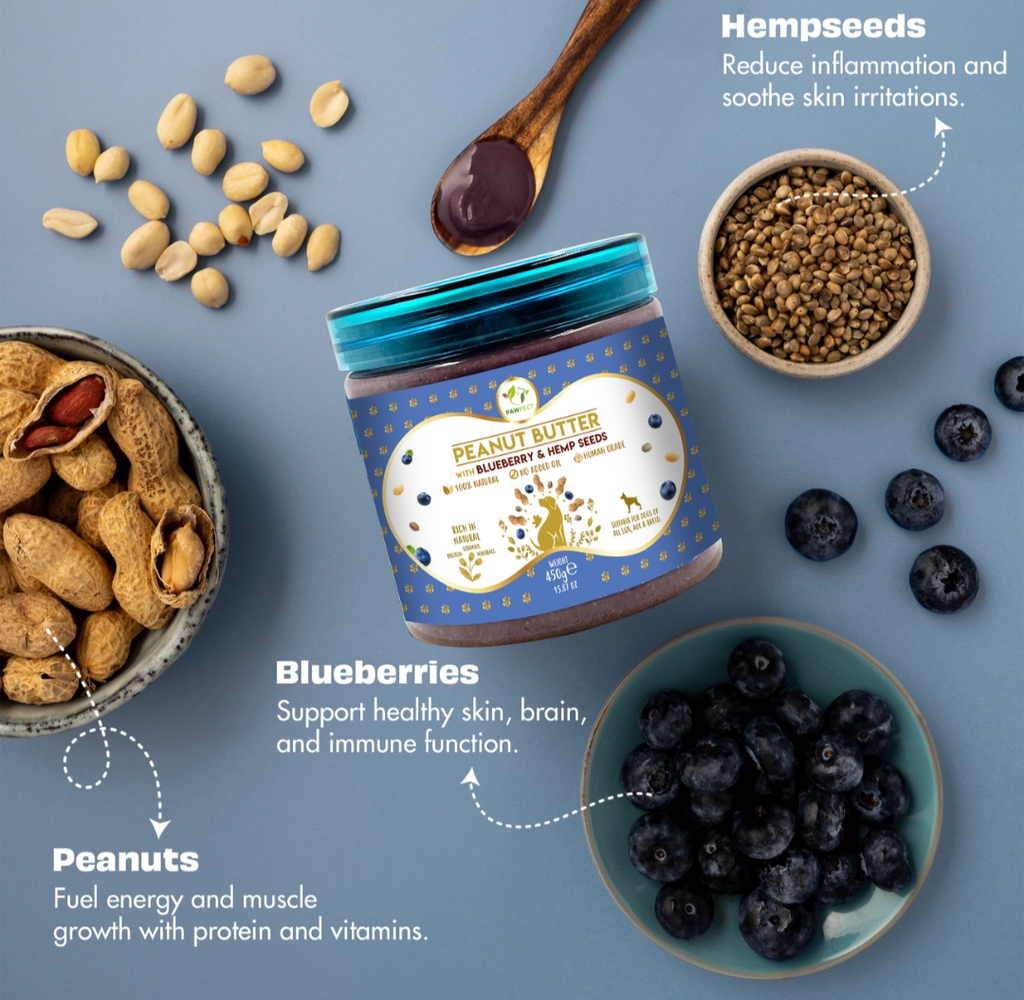 Pawfect Peanut Butter with Blueberries & Hempseeds For Dogs & Puppies | 100% Natural | No Added Sugar, Salt, Palm Oil | No Sweeteners, No Xylitol | Healthy Dog Treat