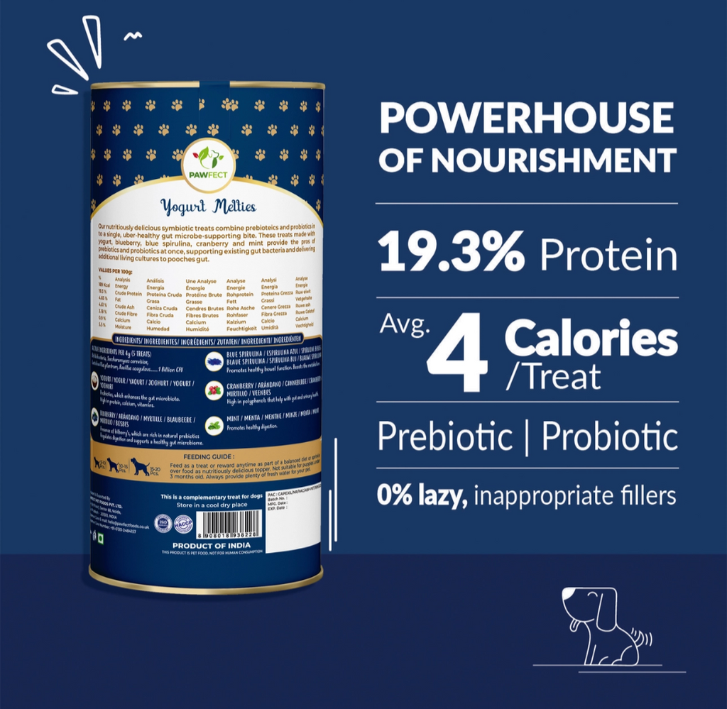 Pawfect Yogurt Melties Pre and Probiotic Dog Treats with Blueberry, Cranberry, Blue Spirulina & Mint | Healthy Gut | Low Calories | Grain & Gluten Free | Reward or Training Treats (38g/1.34oz)