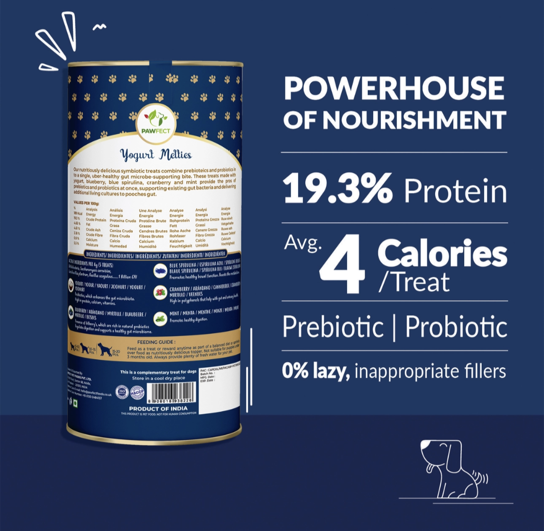 Pawfect Yogurt Melties Pre and Probiotic Dog Treats with Blueberry, Cranberry, Blue Spirulina & Mint | Healthy Gut | Low Calories | Grain & Gluten Free | Reward or Training Treats (38g/1.34oz)