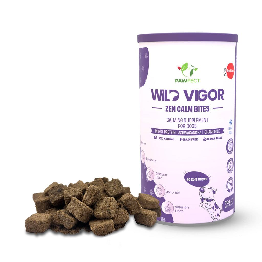 Pawfect Wild Vigor Zen Calm Bites | Calming Supplement For Dogs | All Natural | Grain Free | Enriched with Insect Protein, Chamomile, Valerian Root, Ashwagandha & Choline (70g/2.46oz)