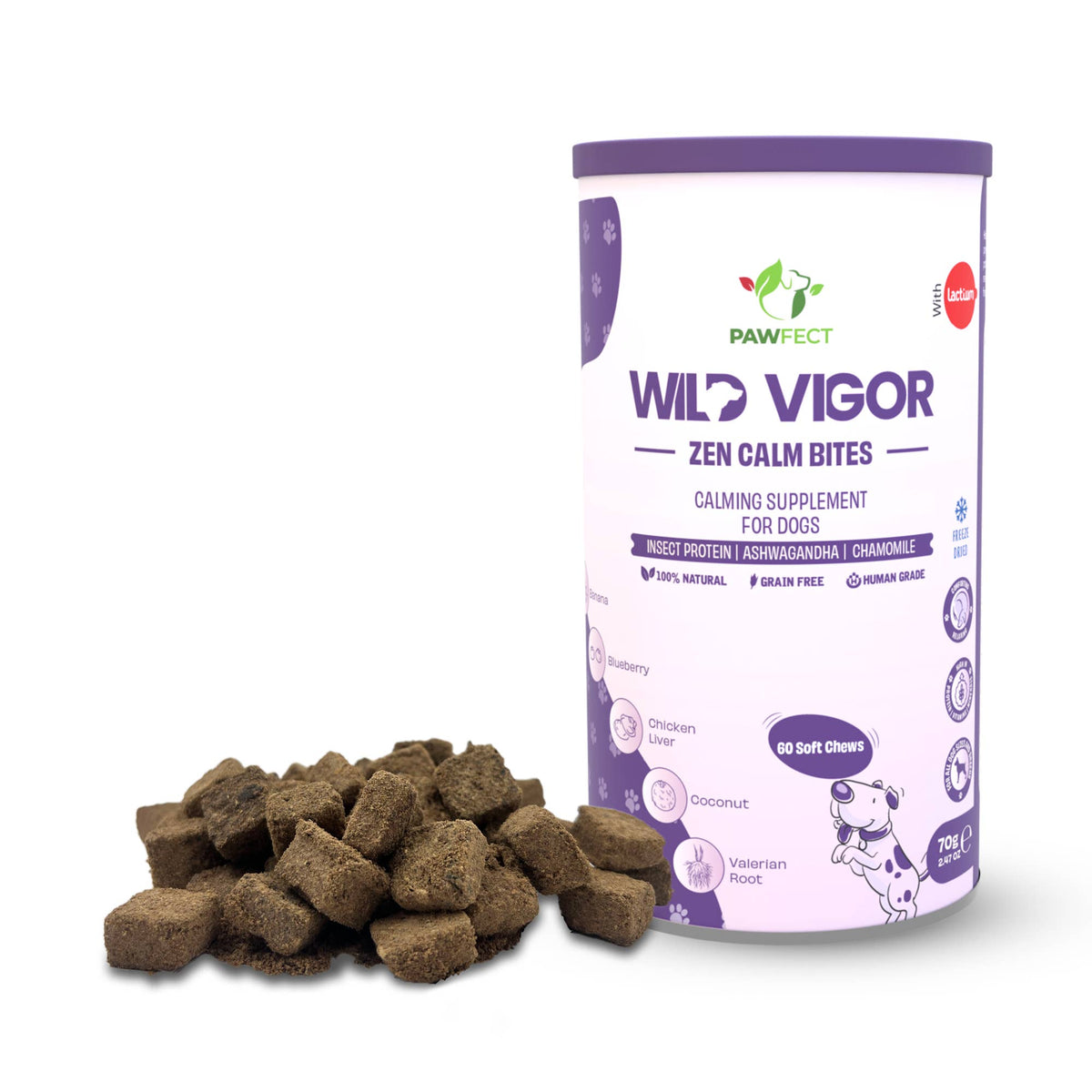 Pawfect Wild Vigor Zen Calm Bites | Calming Supplement For Dogs | All Natural | Grain Free | Enriched with Insect Protein, Chamomile, Valerian Root, Ashwagandha & Choline (70g/2.46oz)