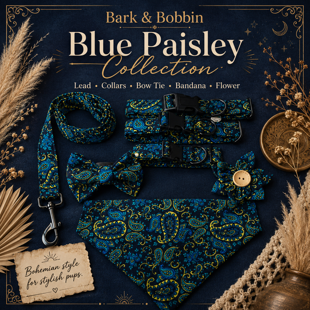 Blue Paisley Collar, Lead & Accessory Set 💙