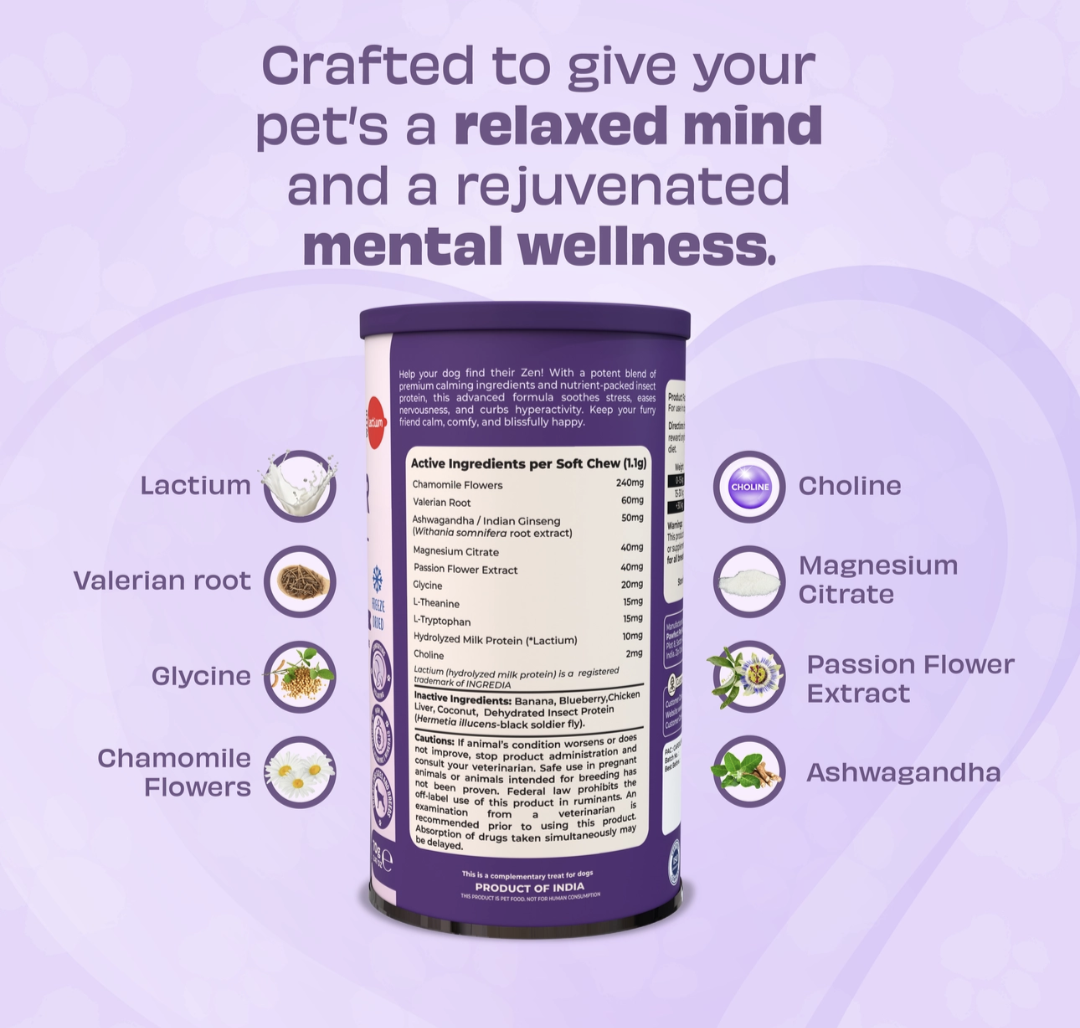 Pawfect Wild Vigor Zen Calm Bites | Calming Supplement For Dogs | All Natural | Grain Free | Enriched with Insect Protein, Chamomile, Valerian Root, Ashwagandha & Choline (70g/2.46oz)