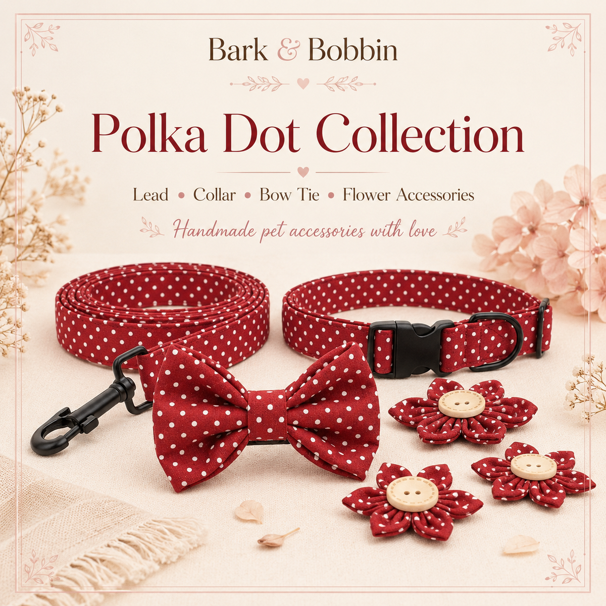 Red Polka Dot Collar, Lead & Accessory Set ❤️